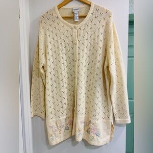 Monterey by Koret embroidered cream pointelle knit floral cardigan Grandma Core